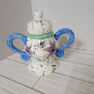 Whimsical 2 Handled Sugar Bowl  Purple Flower Multicolor Unique Quirky Unbranded